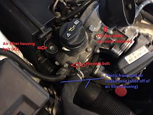 W164 OM642 diesel CAMshaft (CMK) position sensor replacement DIY-5-harness-bolt-location-oil-cap-surround-plastic-front-cold-air-intake.jpg