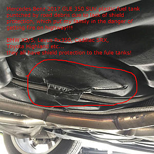 The plastic fuel tank in GLE 350 was ruptured by Road debris on highway!-2017-mb-gle-350-lack-fuel-tank-protection-damaged-pic-.jpg