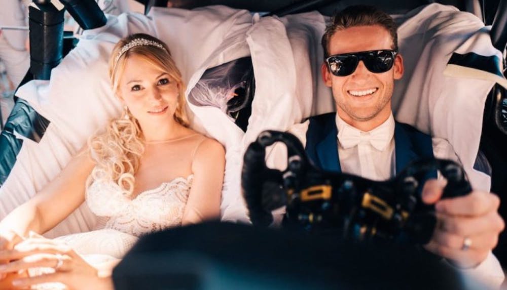Pro driver Maro Engel's took his Mercedes race car along on his wedding day.