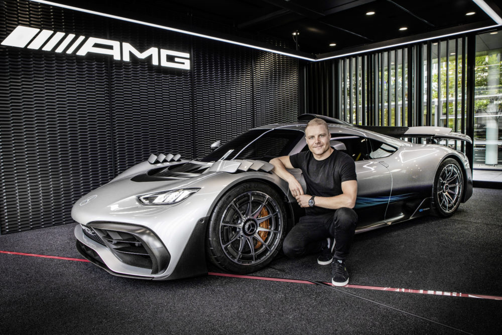 Formula 1 driver Valtteri Bottas informs himself about the current state development of the Mercedes-AMG ONE.