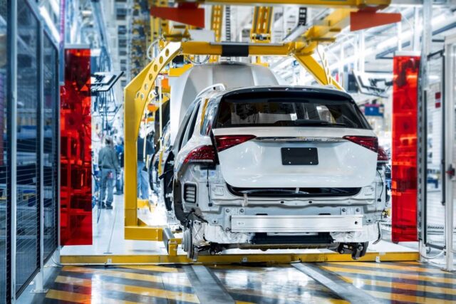 A team works on Mercedes-Benz EV models at the Tuscaloosa plant in Alabama.
